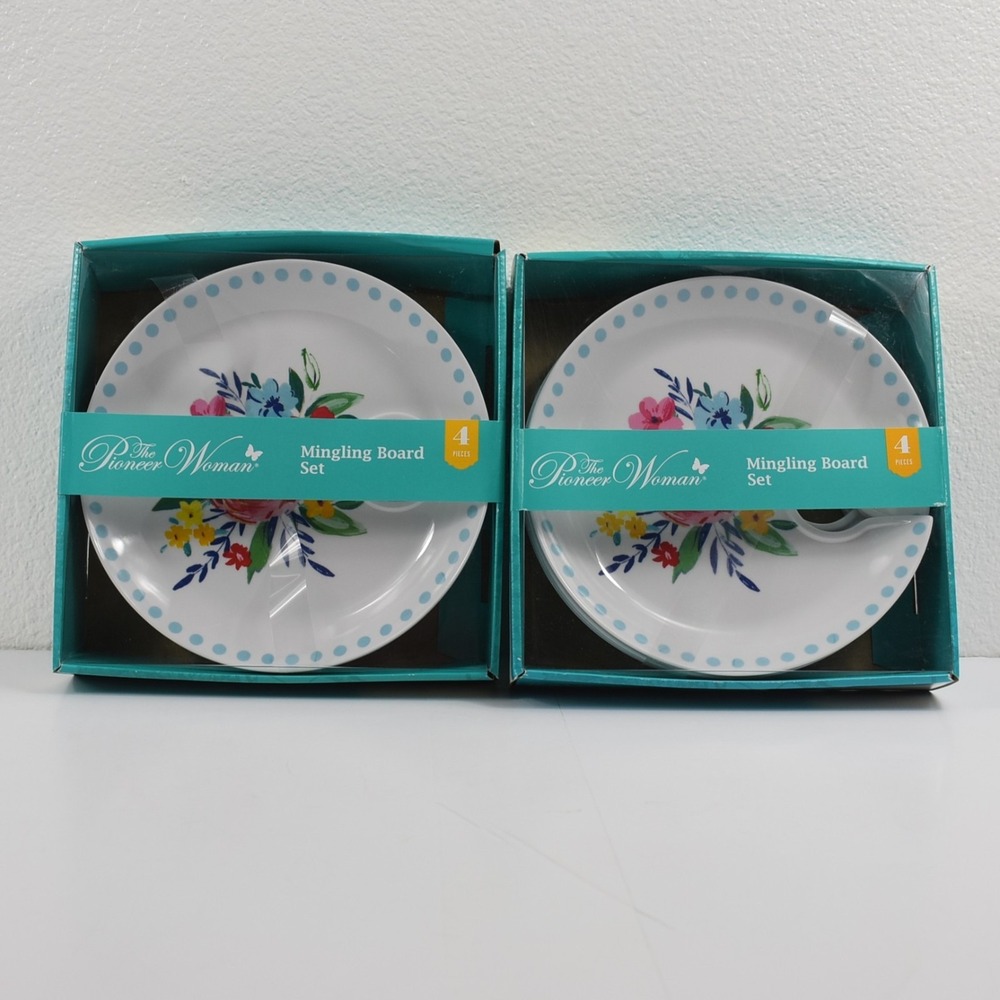 The Pioneer Woman Mingling Board Set x2 (8 Appetizer Plates) Holds Wine Glass